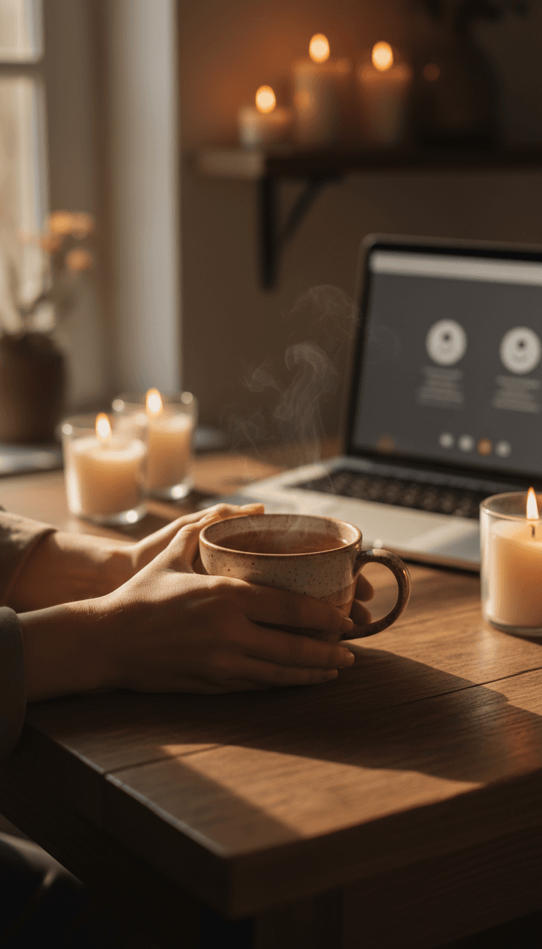 Manos sosteniendo una taza de té durante una sesión digital de bienestar